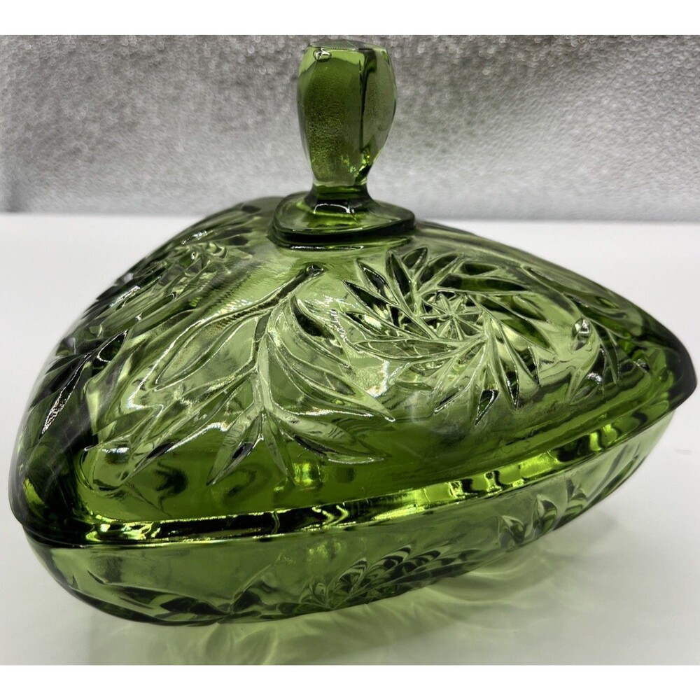 Vintage Hazel Atlas Green Triangle Glass Candy Dish with Lid 6.5”Pinwheel MCM!